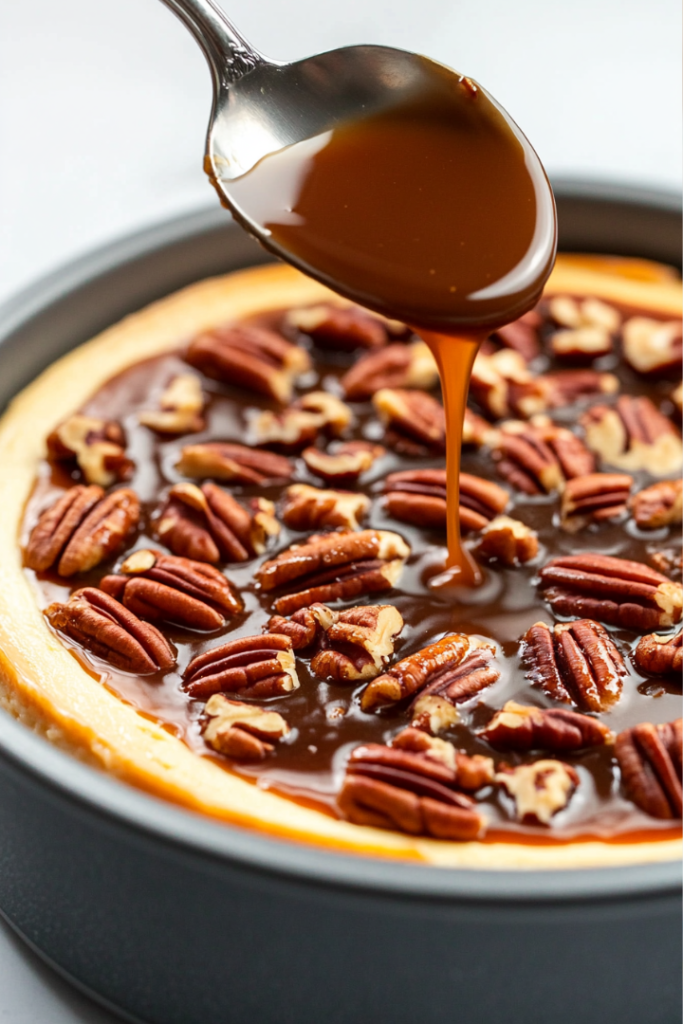 Warm pecan topping cooling to room temperature in a bowl, ready to be poured over the cheesecake before serving.