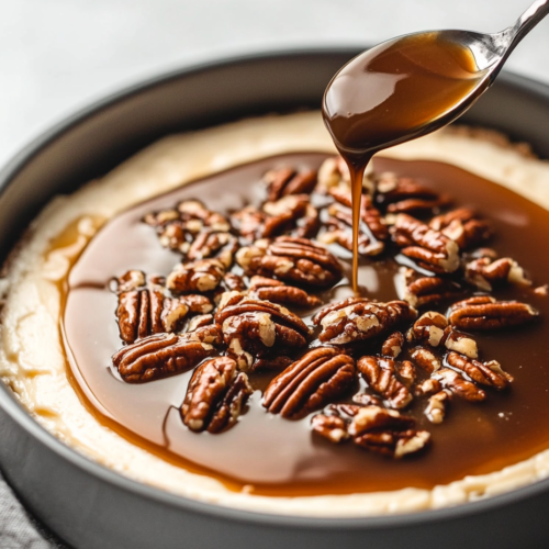 Warm pecan topping cooling to room temperature in a bowl, ready to be poured over the cheesecake before serving.