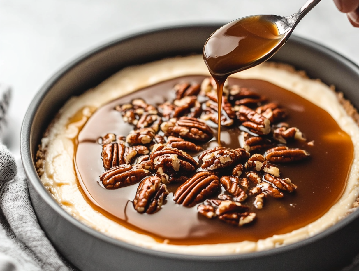 Warm pecan topping cooling to room temperature in a bowl, ready to be poured over the cheesecake before serving.