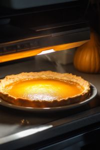The pumpkin pie uncovered in a refrigerator, chilling for at least 4 hours. The filling looks firm and glossy after being fully set.
