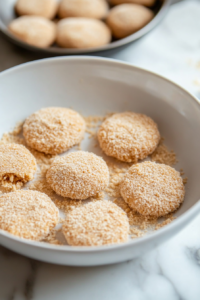 "A bowl filled with bread crumbs next to a counter where chickpea mixture patties are being shaped and coated in the bread crumbs. Each patty is carefully pressed into the crumbs to ensure an even coating."
