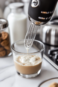 A small cup with sugar cookie syrup, 2% milk, and heavy cream being combined, creating a smooth and creamy mixture.