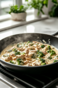 The black skillet on the white marble cooktop, with sautéed broccoli and cooked chopped chicken being stirred into the creamy cheese sauce. The mixture is evenly coated and steaming