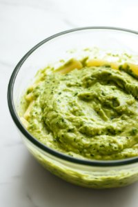 Close-up shot of the pasta being tossed with the avocado basil sauce in the glass mixing bowl on the white marble cooktop, ensuring every strand is well-coated