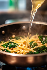 Close-up shot of the cooked linguine being added to the skillet with wilted spinach, shallots, and garlic. Two ladles of pasta water are being poured into the skillet, simmering