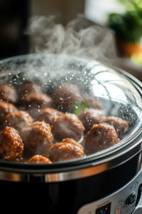 The slow cooker covered with a glass lid, cooking the meatballs on high, with condensation forming on the lid and a timer displayed on the control panel