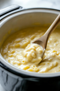 Close-up shot of creamy mac and cheese cooking in the slow cooker on the white marble cooktop. A wooden spoon is stirring the tender elbow macaroni in the rich, cheesy sauce. A pitcher of warm milk is nearby for adjusting the consistency.