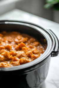 Close-up shot of a slow cooker cooking the sweet potato mixture on Low. The slow cooker sits on the white marble cooktop, filled with the creamy sweet potato mixture