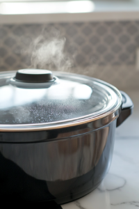 Close-up shot of the slow cooker on the white marble cooktop, set to High heat with the lid securely placed. Steam starts to condense on the inside of the glass lid as the casserole cooks.