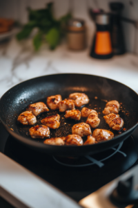 Close-up shot of marinated chicken cubes sizzling in a black frying pan over the white marble cooktop. The chicken is slightly golden, being flipped with a spatula