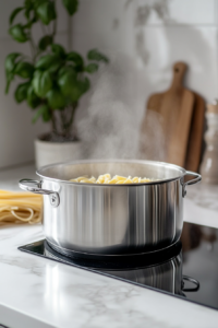 Close-up shot of a large stainless steel pot on the white marble cooktop, with salted water bubbling as pasta cooks to al dente. Steam rises above the pot.