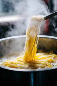 Close-up shot of linguine being dropped into a large pot of boiling salted water, steam rising