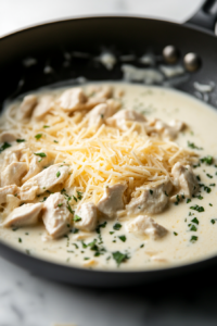 Cooked chicken chunks being returned to a black skillet on a white marble cooktop, coated with smooth parmesan cream sauce