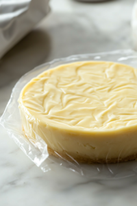A cheesecake on a wire rack at room temperature, cooling completely before being covered and refrigerated.