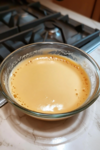 Close-up shot of the creamy, thickened mixture being transferred into a glass bowl, covered with cling film to prevent a skin from forming. The bowl is placed on the white marble cooktop, with the film pressed gently against the surface of the mixture