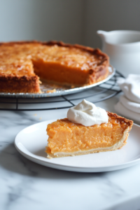 The baked sweet potato pie cooling on a wire rack for an hour before slicing. A dollop of vegan whipped cream sits beside a slice of pie on a dessert plate, ready to serve