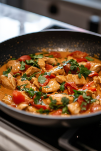 Close-up shot of the finished butter chicken in the black frying pan, coated in the creamy sauce and garnished with fresh cilantro. The dish sits on the white marble cooktop, ready to be served.