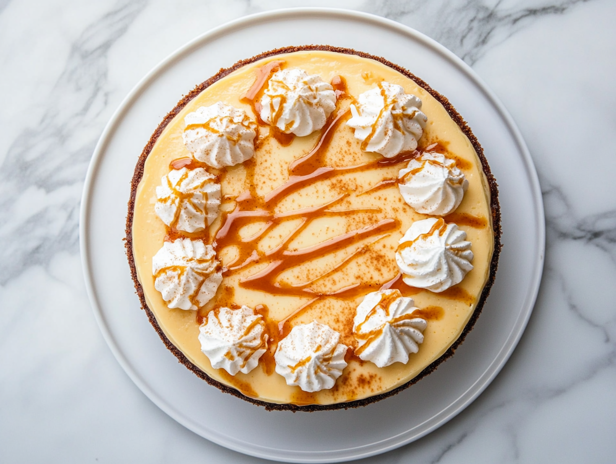 A creamy cheesecake on a plate, drizzled with salted butterscotch sauce and topped with whipped cream. A fork is beside the plate, ready to dig in.