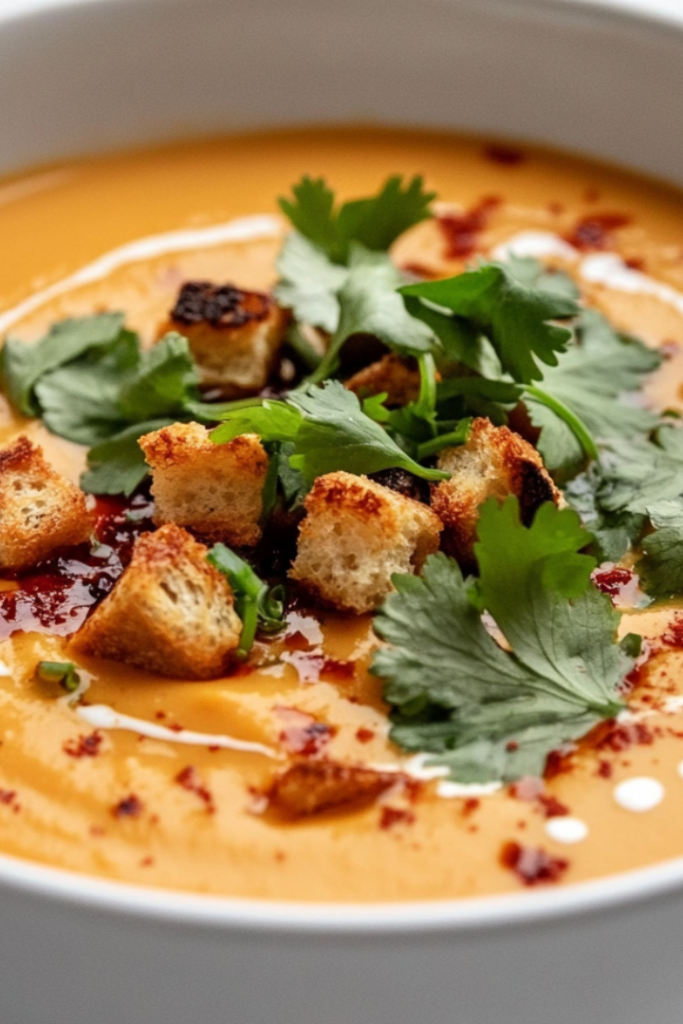 Close-up shot of white bowl on the white marble cooktop, serving a bowl of creamy sweet potato soup topped with a swirl of tofu cream, fresh coriander, crispy chili oil, and sourdough croutons. The vibrant colors pop against the creamy base.