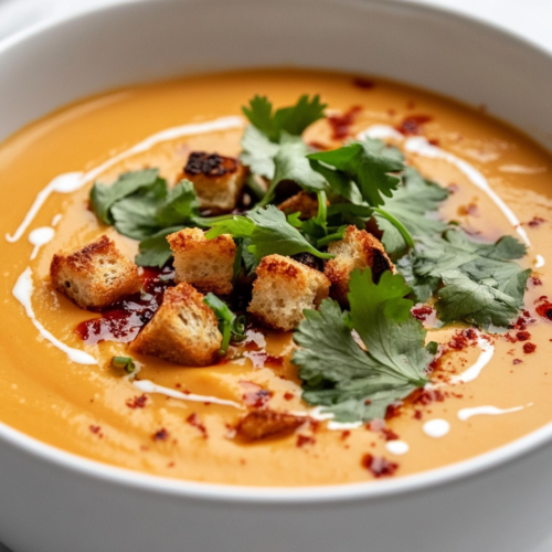 Close-up on the white marble cooktop, serving a bowl of creamy sweet potato soup topped with a swirl of tofu cream, fresh coriander, crispy chili oil, and sourdough croutons. The vibrant colors pop against the creamy base.