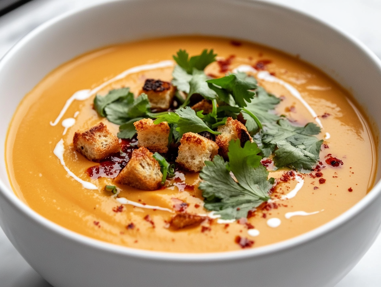 Close-up on the white marble cooktop, serving a bowl of creamy sweet potato soup topped with a swirl of tofu cream, fresh coriander, crispy chili oil, and sourdough croutons. The vibrant colors pop against the creamy base.