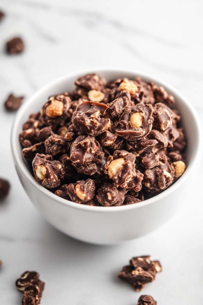 Close-up shot of the finished chocolate-nut clusters