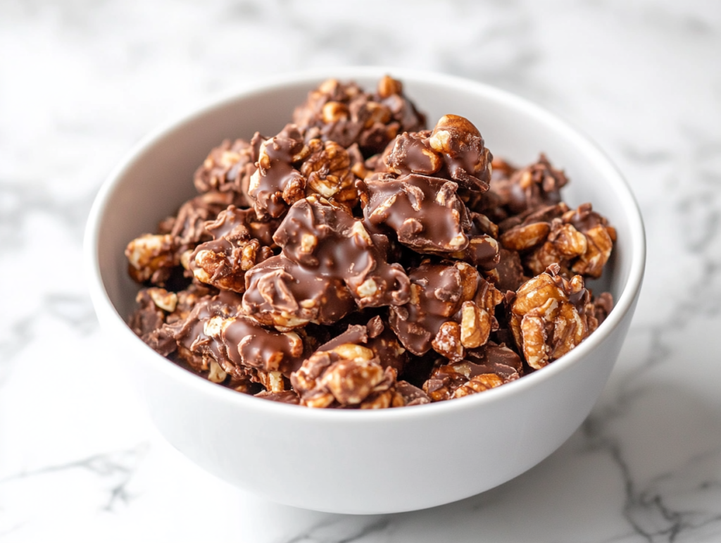 Close-up shot of the finished chocolate-nut clusters