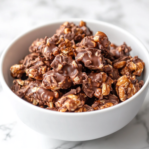 Close-up shot of the finished chocolate-nut clusters