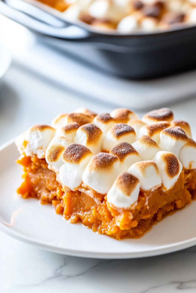 Close-up shot of a serving of sweet potato casserole with golden-brown mini marshmallows on top, served on a plate. The warm casserole is placed on the white marble cooktop, ready to be enjoyed