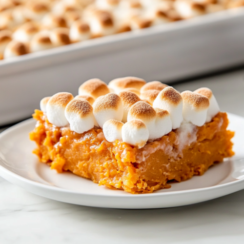 Close-up shot of a serving of sweet potato casserole with golden-brown mini marshmallows on top, served on a plate. The warm casserole is placed on the white marble cooktop, ready to be enjoyed
