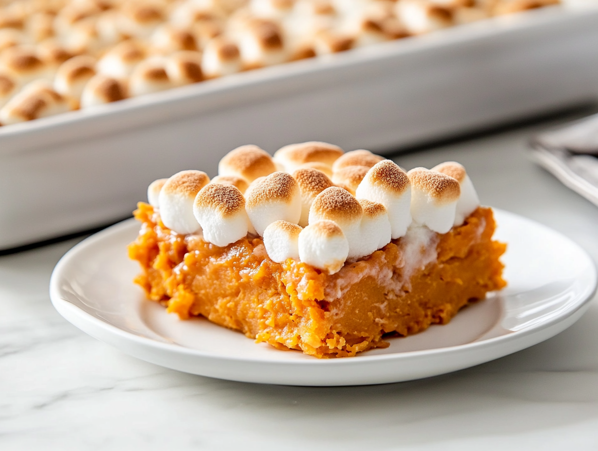 Close-up shot of a serving of sweet potato casserole with golden-brown mini marshmallows on top, served on a plate. The warm casserole is placed on the white marble cooktop, ready to be enjoyed