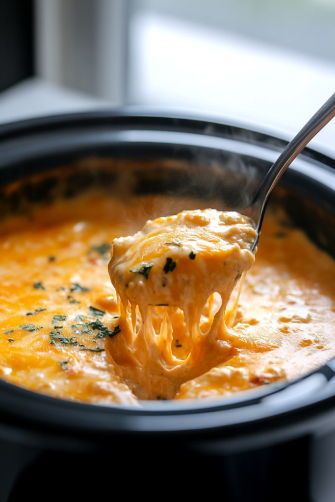 Close-up shot of a ladle scooping a creamy, cheesy portion of the casserole from the slow cooker on the white marble cooktop. The golden, melted cheese glistens, ready to be served
