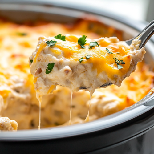Close-up shot of a ladle scooping a creamy, cheesy portion of the casserole from the slow cooker on the white marble cooktop. The golden, melted cheese glistens, ready to be served
