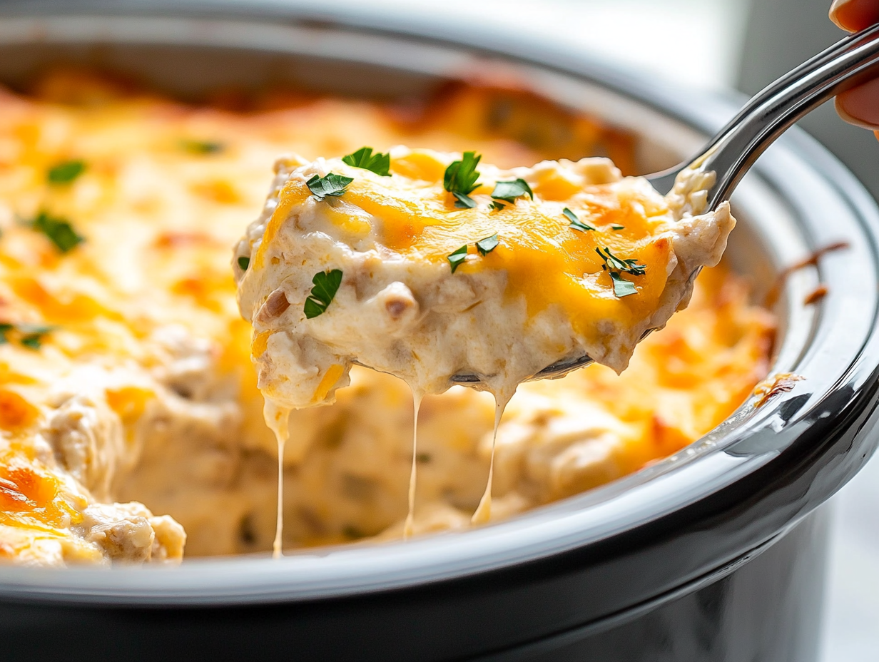Close-up shot of a ladle scooping a creamy, cheesy portion of the casserole from the slow cooker on the white marble cooktop. The golden, melted cheese glistens, ready to be served