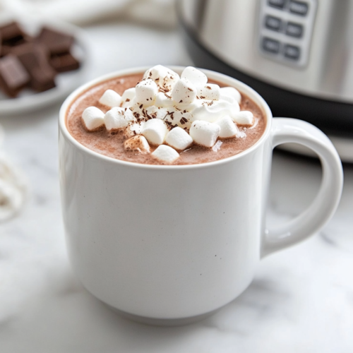 Close-up shot of a mug filled with hot chocolate on the white marble cooktop, freshly poured from the slow cooker. Steam rises from the surface, with optional whipped cream, marshmallows, and chocolate shavings garnishing the top.