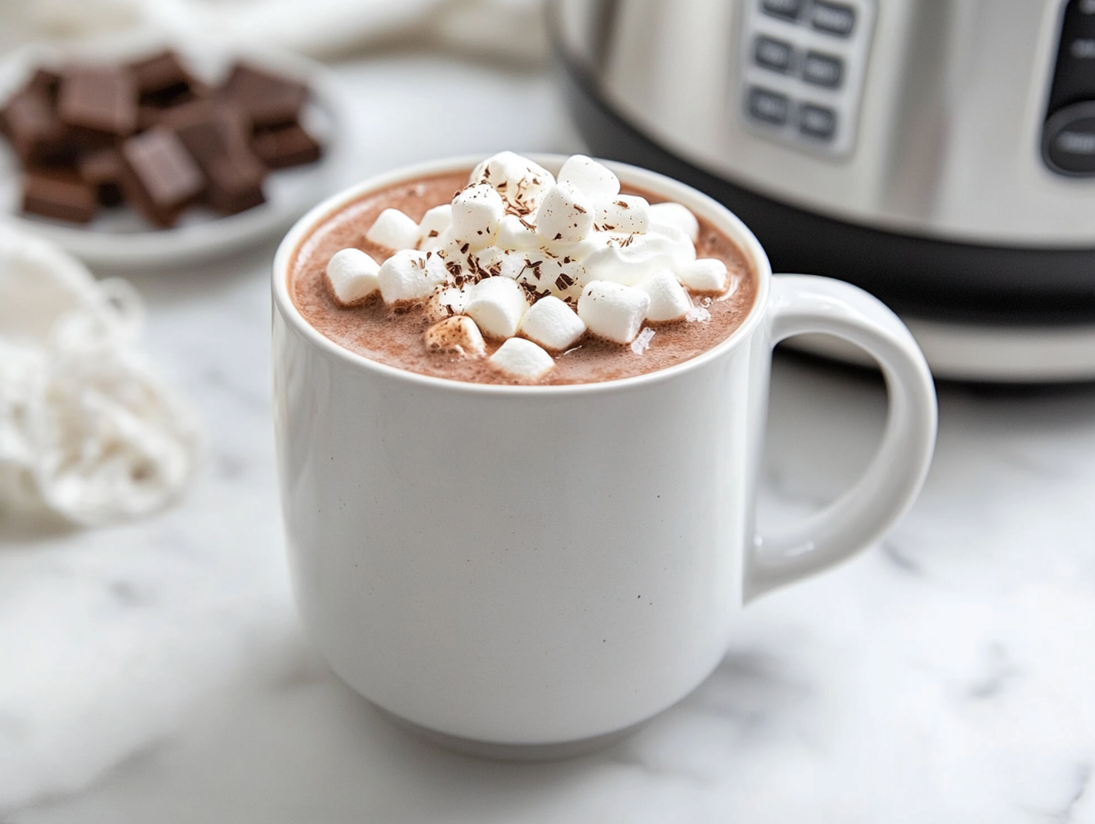 Close-up shot of a mug filled with hot chocolate on the white marble cooktop, freshly poured from the slow cooker. Steam rises from the surface, with optional whipped cream, marshmallows, and chocolate shavings garnishing the top.