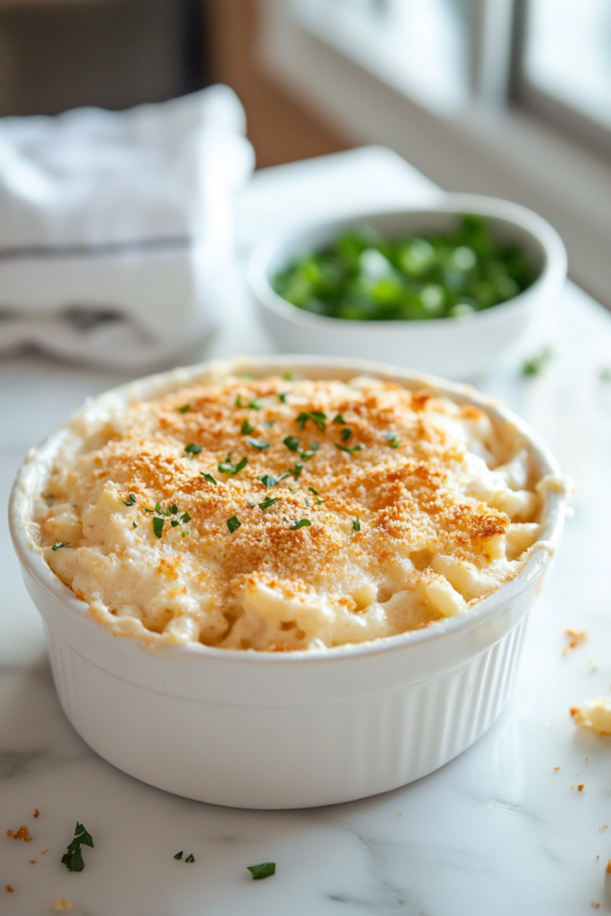 Close-up shot of creamy mac and cheese served in a white bowl.
