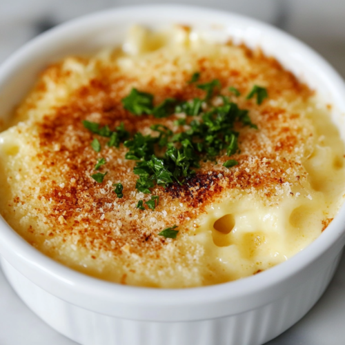 Close-up shot of creamy mac and cheese served in a white bowl.