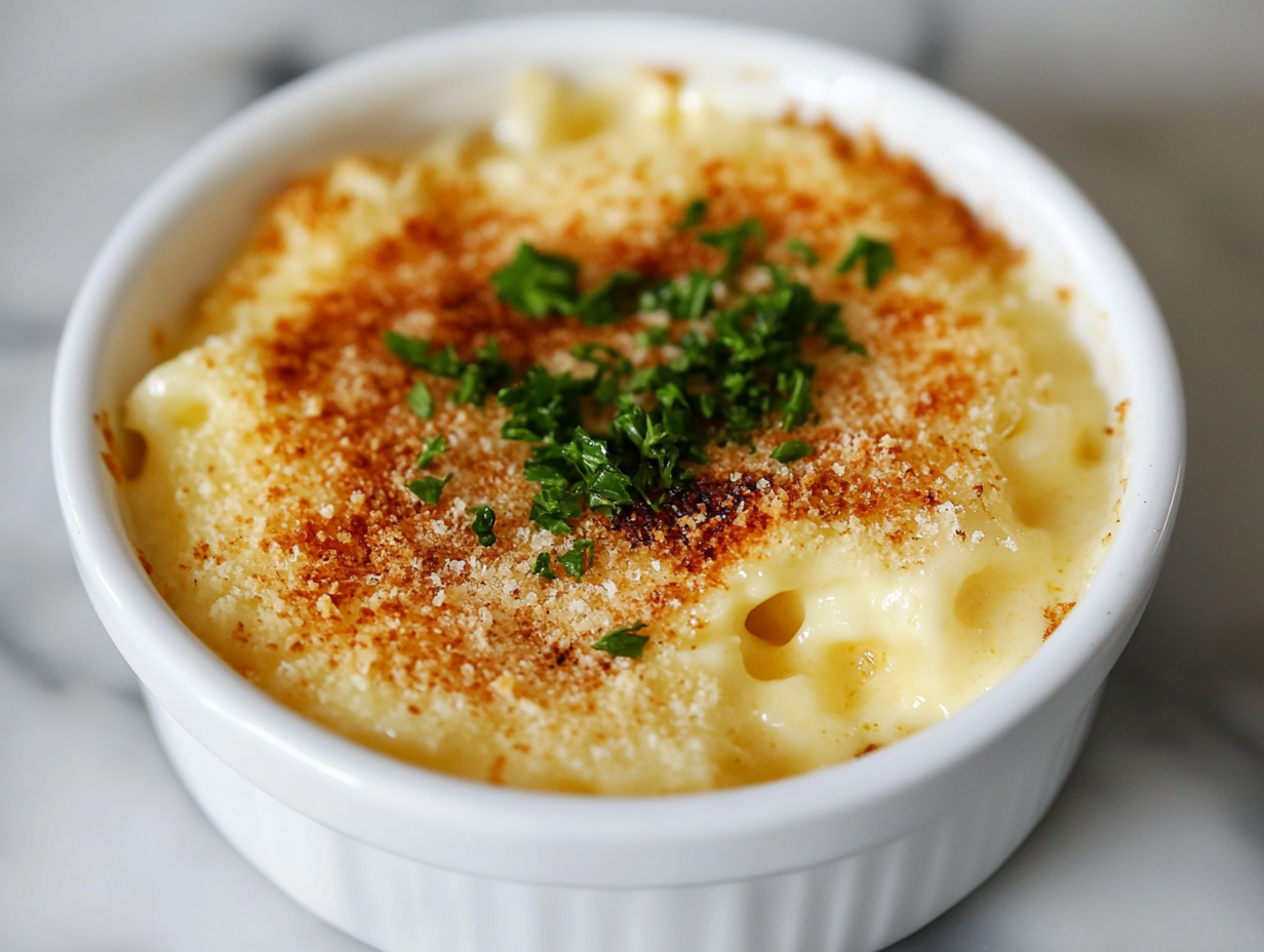 Close-up shot of creamy mac and cheese served in a white bowl.