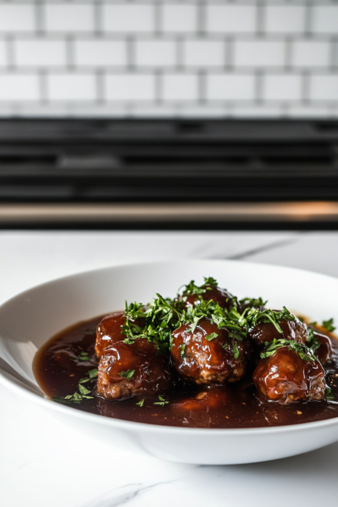 Cooked meatballs served straight from the slow cooker, with the glossy BBQ and grape jelly sauce glistening on the meatballs. Optional garnishes like chopped parsley are sprinkled on top for presentation