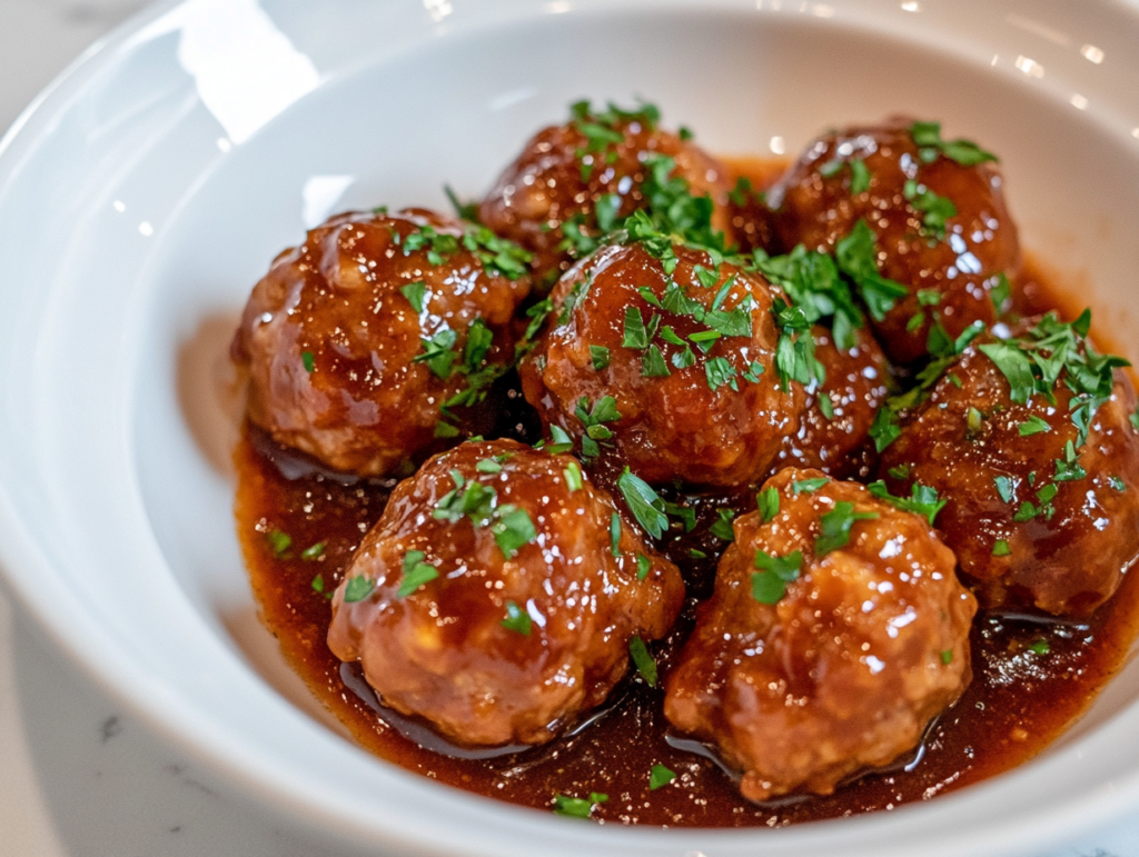 Cooked meatballs served straight from the slow cooker, with the glossy BBQ and grape jelly sauce glistening on the meatballs. Optional garnishes like chopped parsley are sprinkled on top for presentation