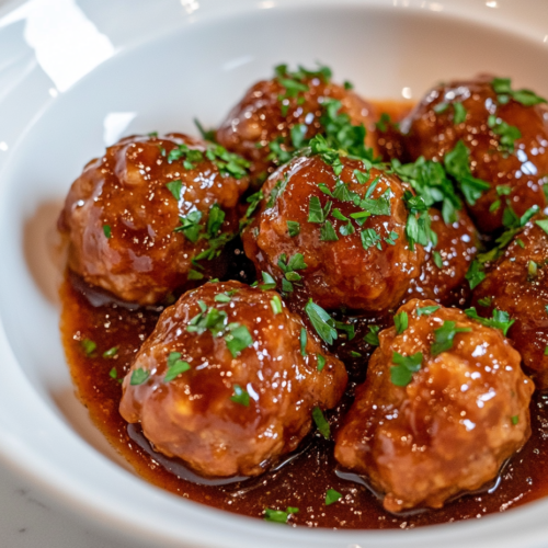 Cooked meatballs served straight from the slow cooker, with the glossy BBQ and grape jelly sauce glistening on the meatballs. Optional garnishes like chopped parsley are sprinkled on top for presentation