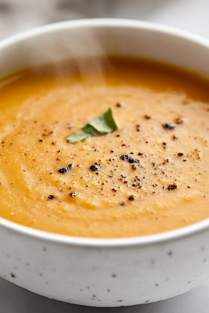 Close-up shot of a bowl on the white marble cooktop, with the blended soup heating through on medium-low heat. Steam rises from the smooth soup as it simmers, ready to be served.