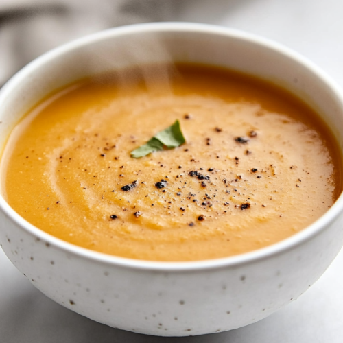 Close-up shot of a bowl on the white marble cooktop, with the blended soup heating through on medium-low heat. Steam rises from the smooth soup as it simmers, ready to be served.