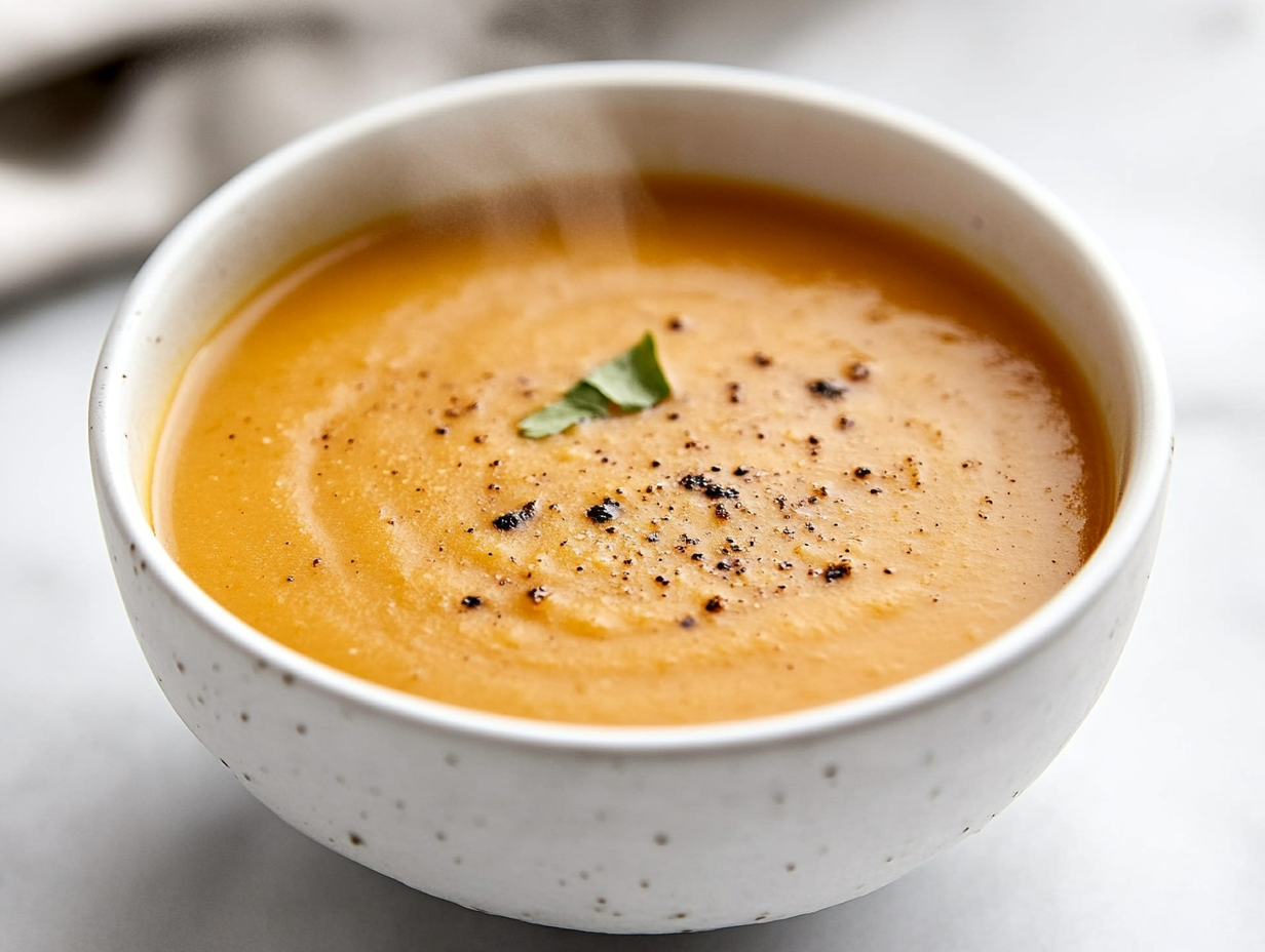 Close-up shot of a bowl on the white marble cooktop, with the blended soup heating through on medium-low heat. Steam rises from the smooth soup as it simmers, ready to be served.