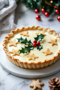 The cooled tart decorated with baked shortcrust shapes, served on a beautiful plate. The tart has a creamy custard filling with a golden crust