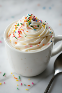 A cozy mug of hot sugar cookie latte with steamed almond milk, espresso, and whipped cream, finished with sprinkles.