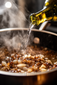 Dry white wine being poured into the saucepan with caramelized onions and garlic. The wine bubbles and steams as it deglazes the bottom of the pan, releasing flavors and aromas.