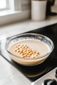 Close-up shot of chickpea liquid (aquafaba) being drained from a can into a shiny glass bowl over the white marble cooktop. The reserved chickpeas sit in a separate bowl in the background.