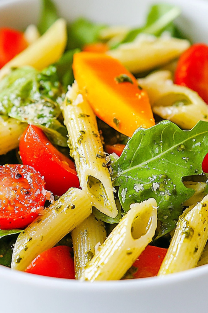 A chilled bowl of vibrant pesto pasta with fresh greens and colorful vegetables, served in a simple, clean bowl. The dish looks refreshing and ready to be enjoyed on a sunny day.